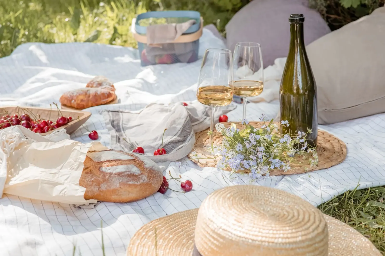 A Sunny Cornish Picnic With Fresh Bread, Cherries And Wine, Cornwall