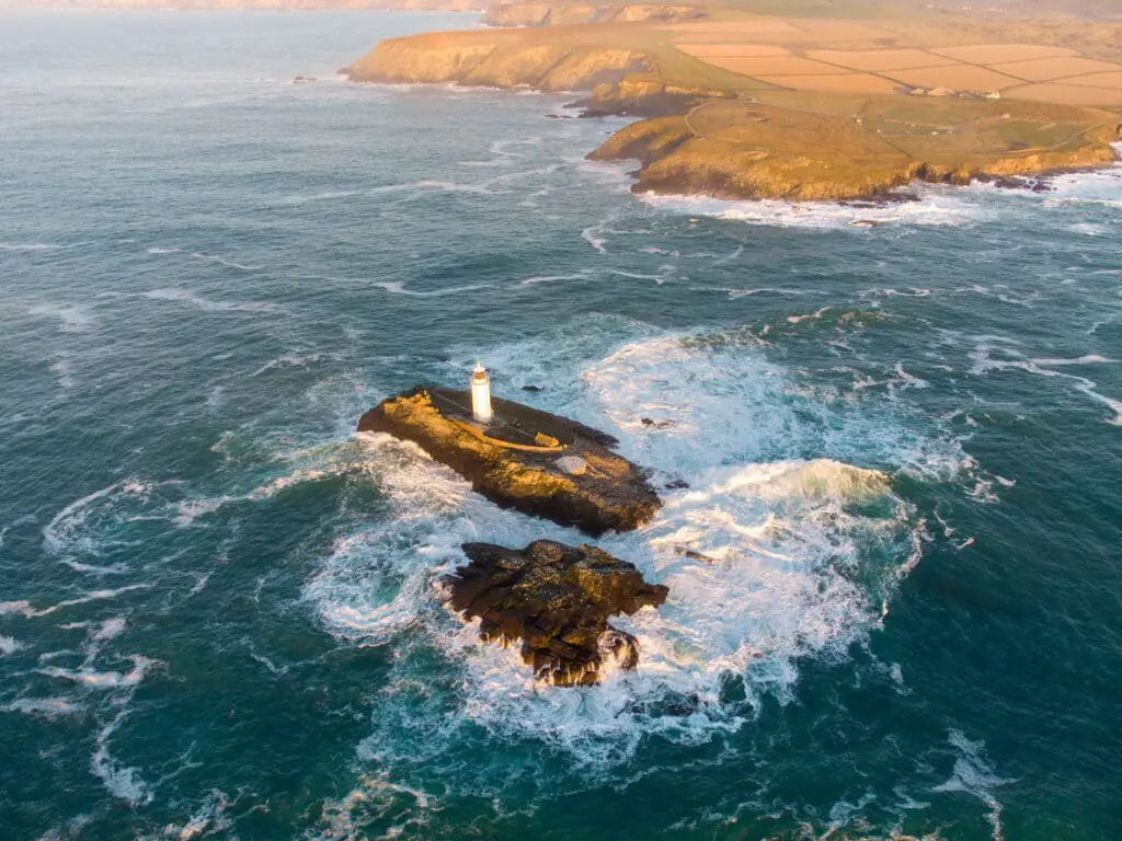 An aerial view of the Godrevy lighthouse, just off Godrevy Beach, near Hayle, Cornwall