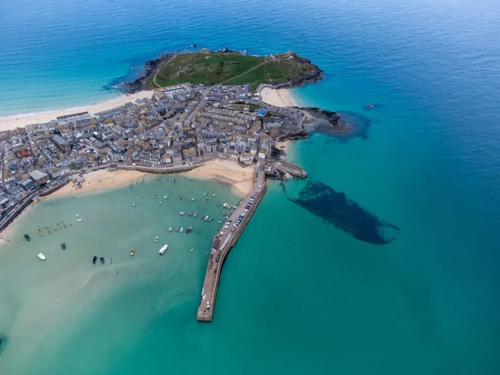 An aerial view in summer of Carbis Bay Beach, St Ives, Cornwall