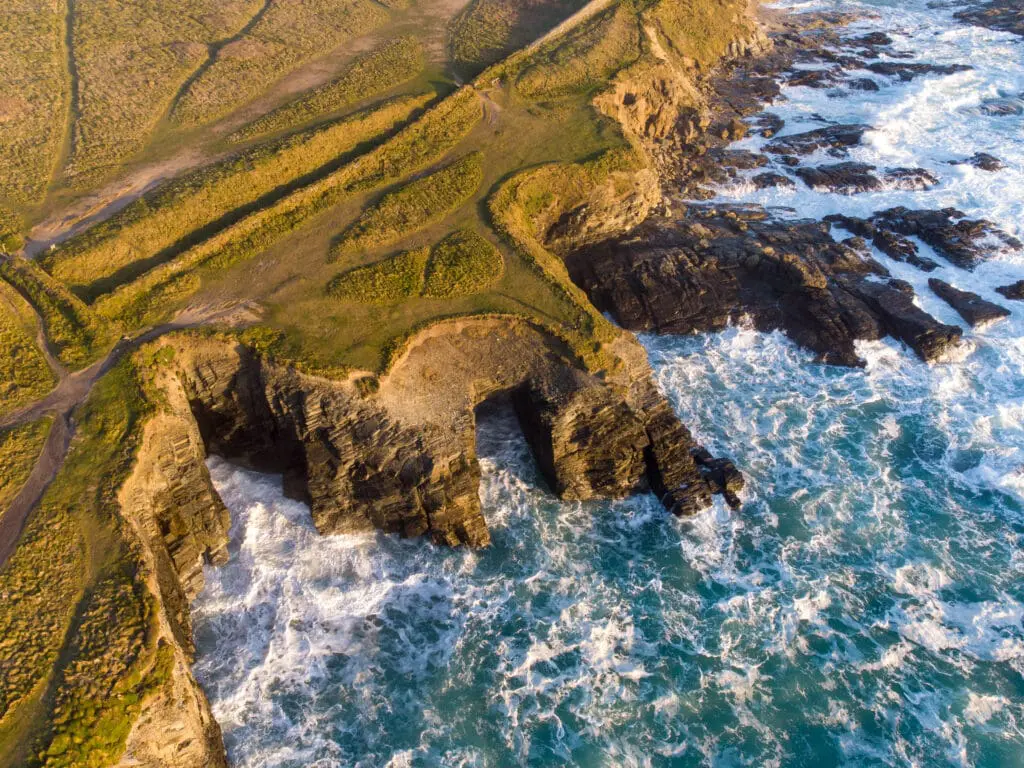 An aerial view over Godrevy Beach, St Ives Bay, Cornwall