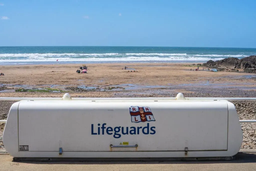 A RNLI lifeguard post on a summer’s day at Summerleaze Beach, Bude, Cornwall