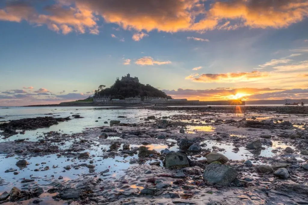 An evening photograph of the imposing St Michael’s Mount, taken from Marazion beach, Cornwall