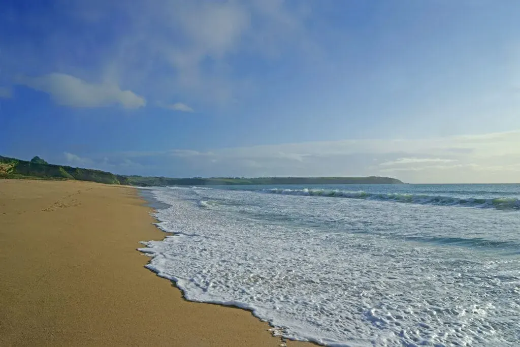 The Cornish Riviera looking towards Rame Head along the picturesque Carlyon Bay