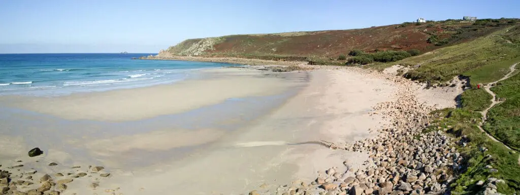 A panoramic view of Gwynver Beach, West Cornwall