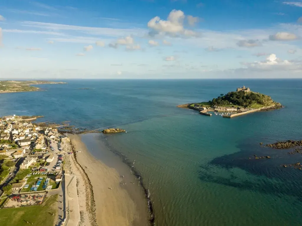 View of St Michael’s Mount and Marazion Beach in Cornwall