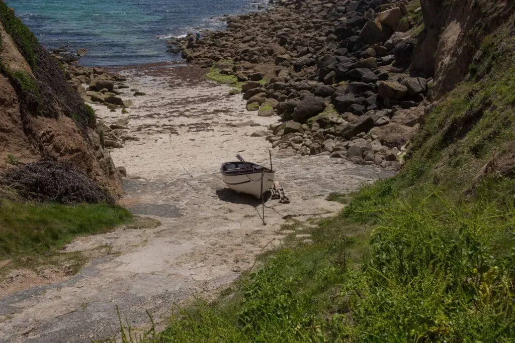 A fishing boat on the slipway at Porthgwarra Beach, Cornwall