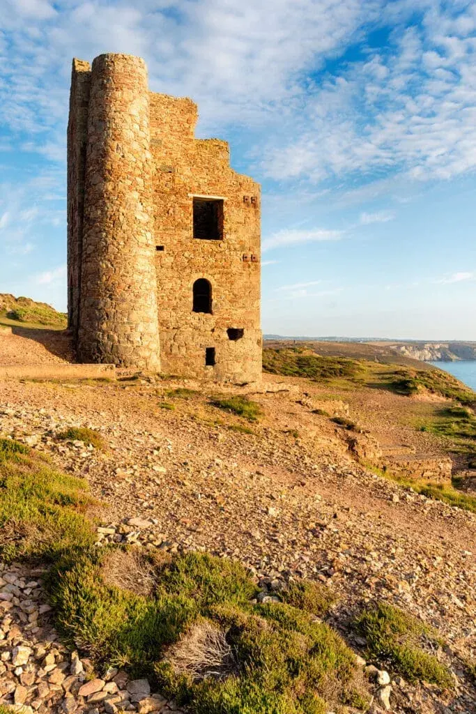 The ruins of an old tin mine above Chapel Porth Beach, St Agnes, Cornwall