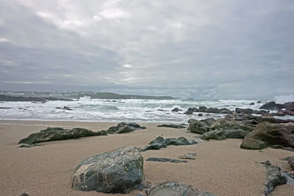 An overcast, cold winter day at Fistral Beach, Newquay