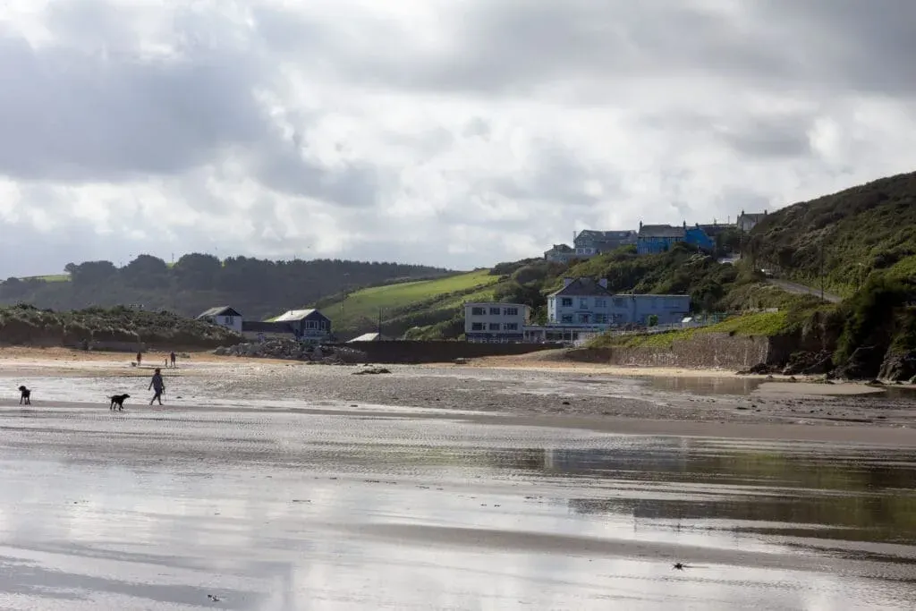 A sweeping vista of Mawgan Porth Beach, North Cornwall