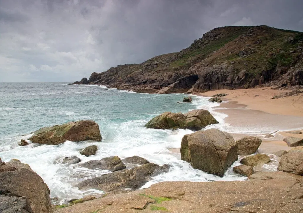 Storm clouds form over Chapel Porth Beach, St Agnes, Cornwall