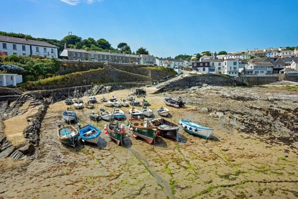 Moored boats at Portscatho beach, Cornwall