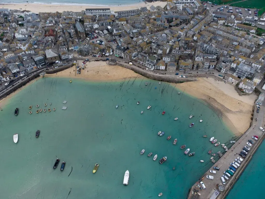 An aerial view of Carbis Bay Beach, St Ives, Cornwall