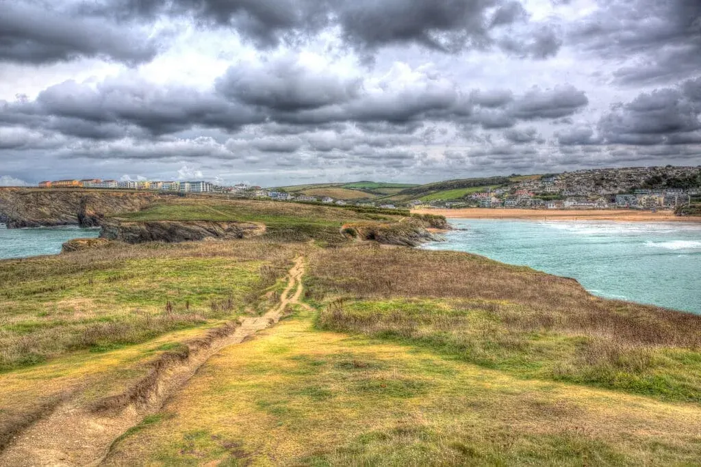 The view from Trevelgue Head towards Porth Beach, Newquay, Cornwall