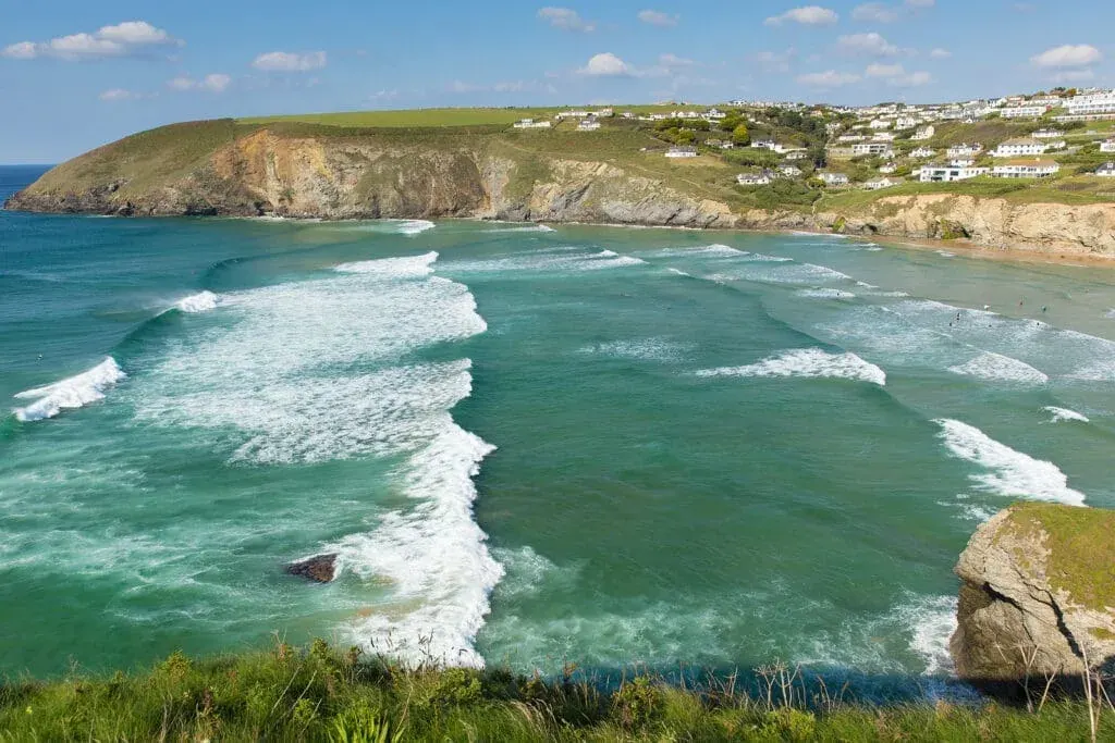 High tide on the North Cornish coast at Mawgan Porth Beach (near Newquay), Cornwall