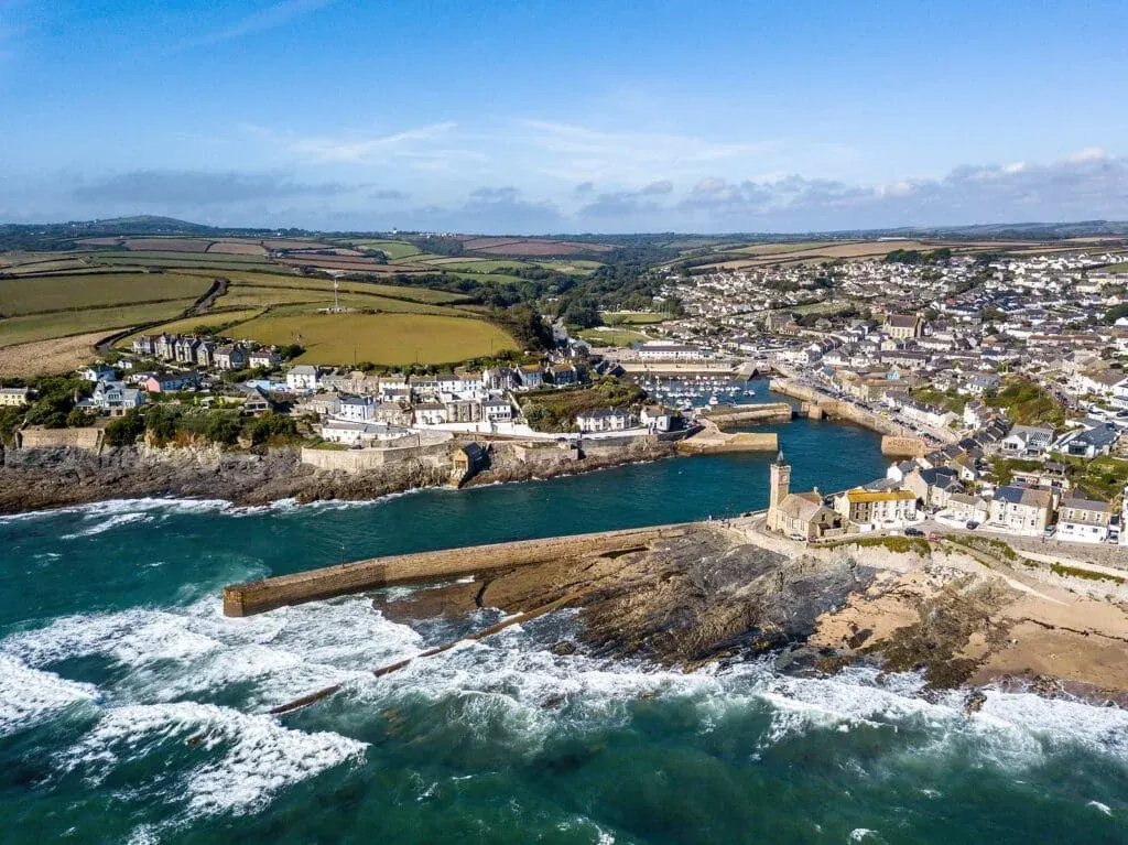 An aerial photograph overlooking the fishing port of Porthleven, west Cornwall