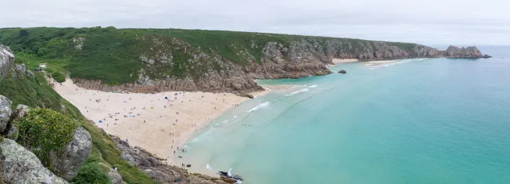 A panoramic view overlooking Porthcurno and Pedn Vounder Beach, Cornwall