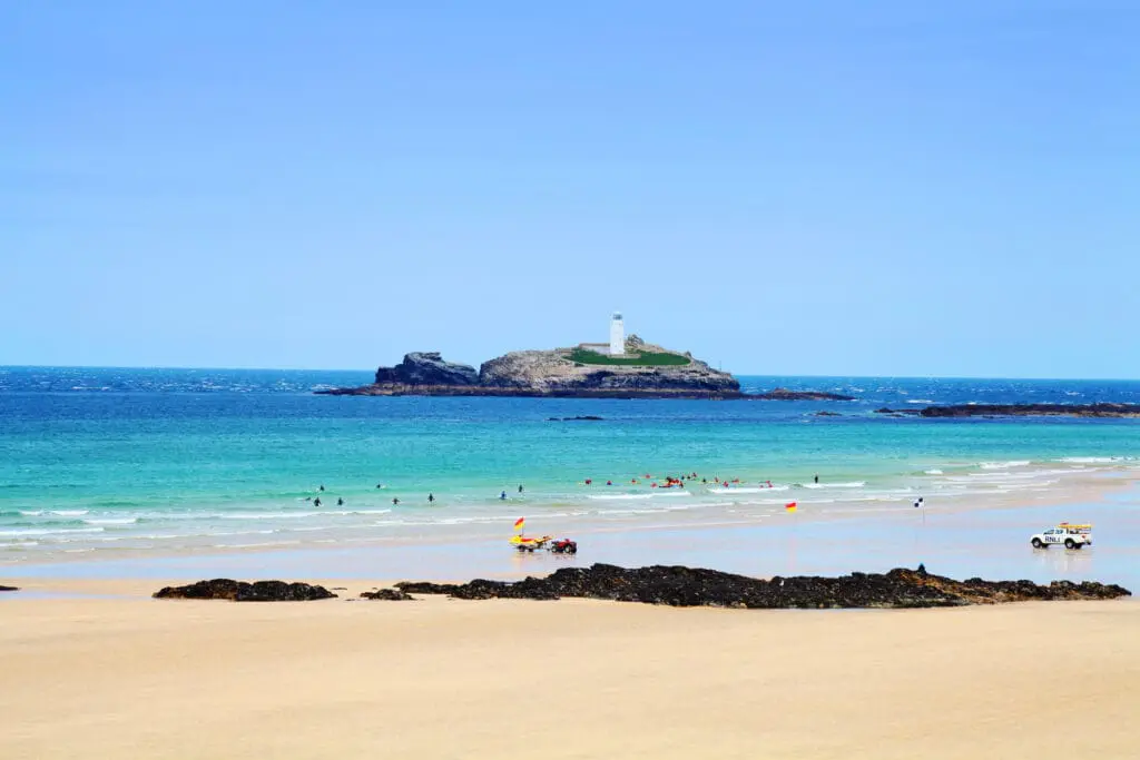 Golden sands on a summer’s day at Godrevy Beach, northwest Cornwall